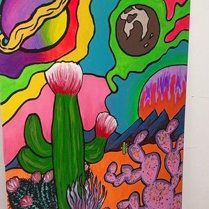 Colorful Abstract Cactus Desert with Planets. Painting